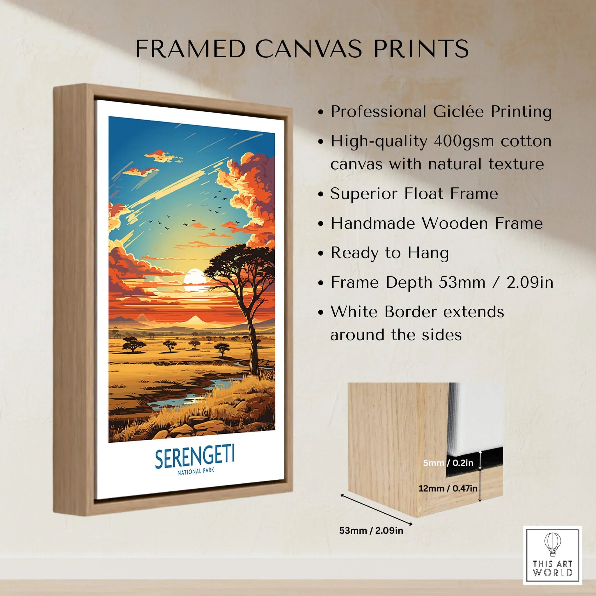 Framed Serengeti National Park art print with sunset landscape in wooden float frame