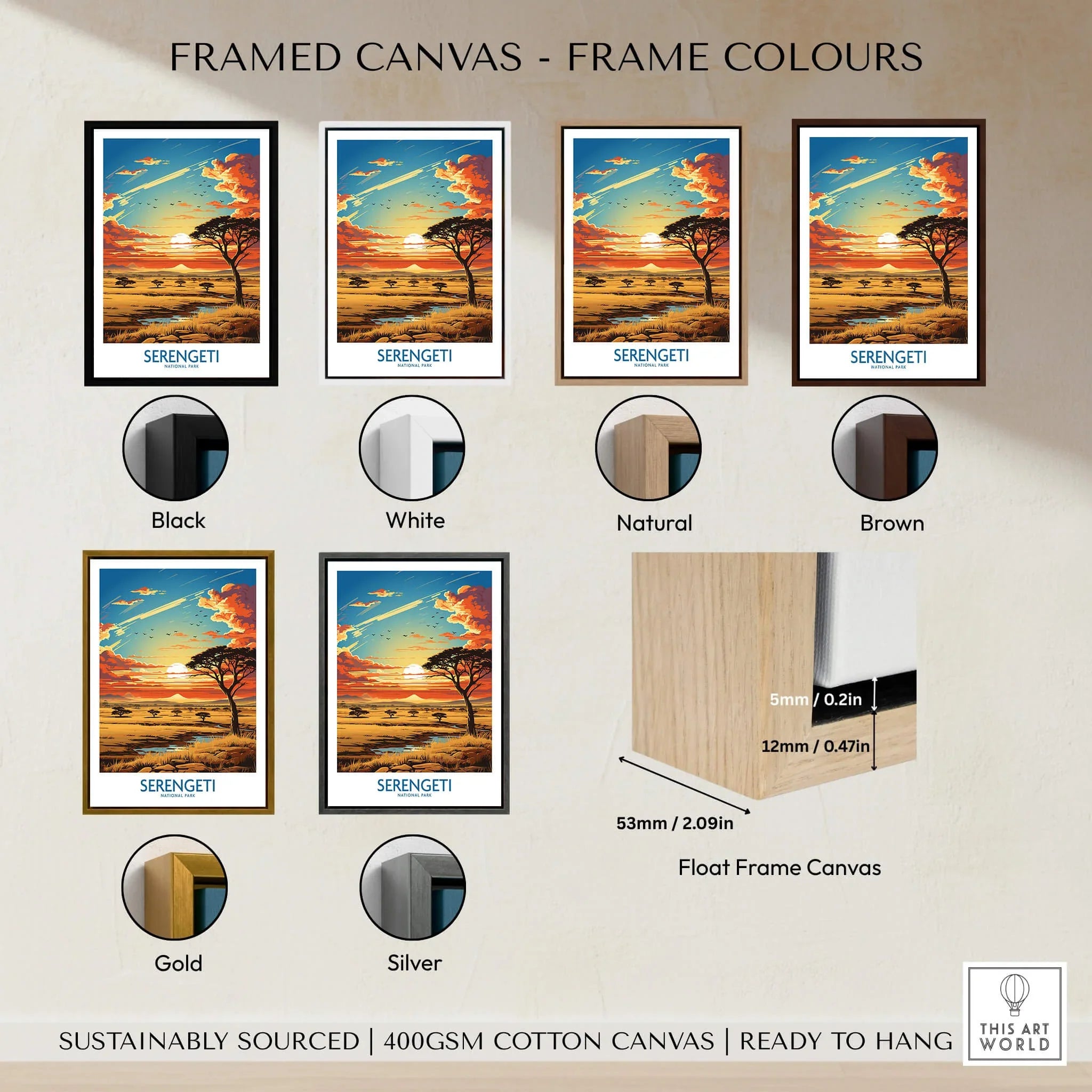 Serengeti National Park framed canvas print with six frame color options, sunset landscape art