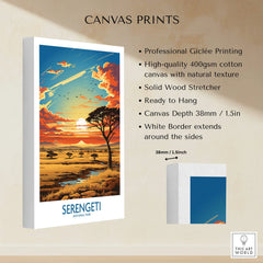Serengeti National Park canvas wall art featuring an African savanna sunset landscape print.