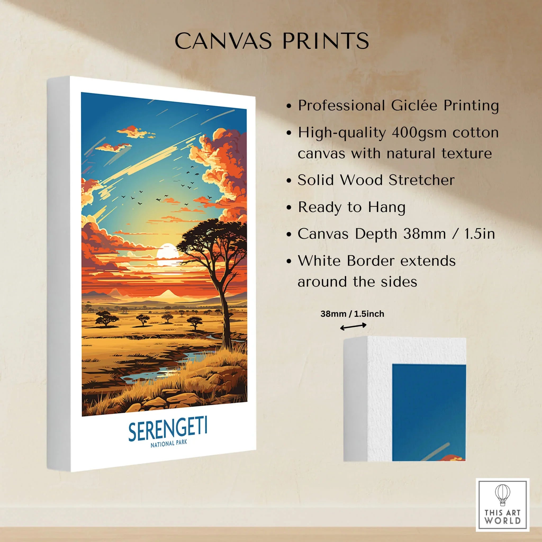 Serengeti National Park canvas wall art featuring an African savanna sunset landscape print.