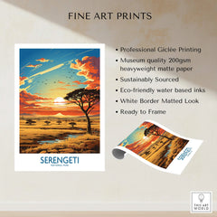 Serengeti National Park art print featuring sunset savanna landscape with acacia tree.