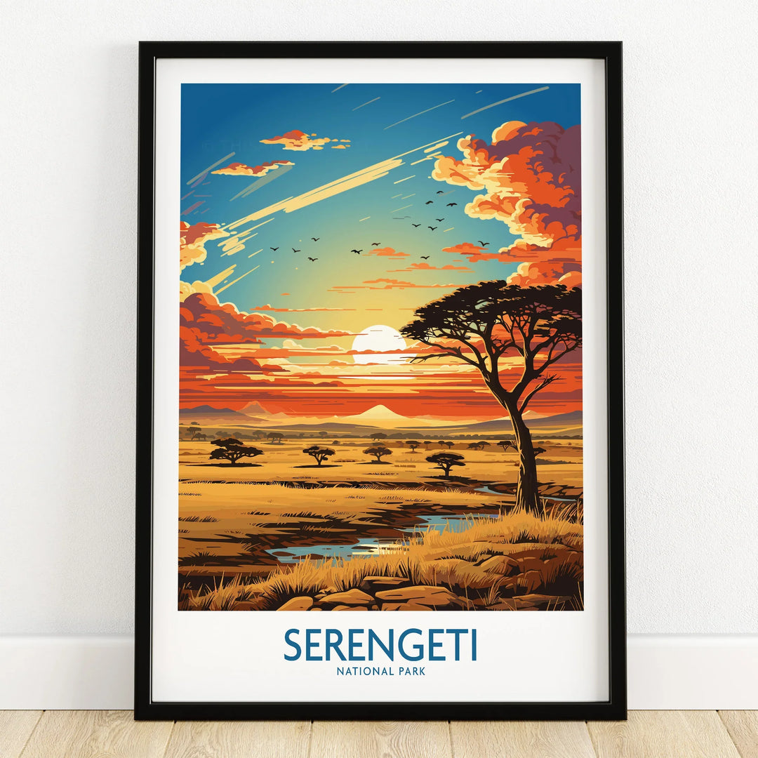 Serengeti National Park art print in black frame, savanna sunset landscape wall decor
