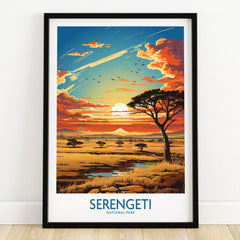 Serengeti National Park art print in black frame, savanna sunset landscape wall decor