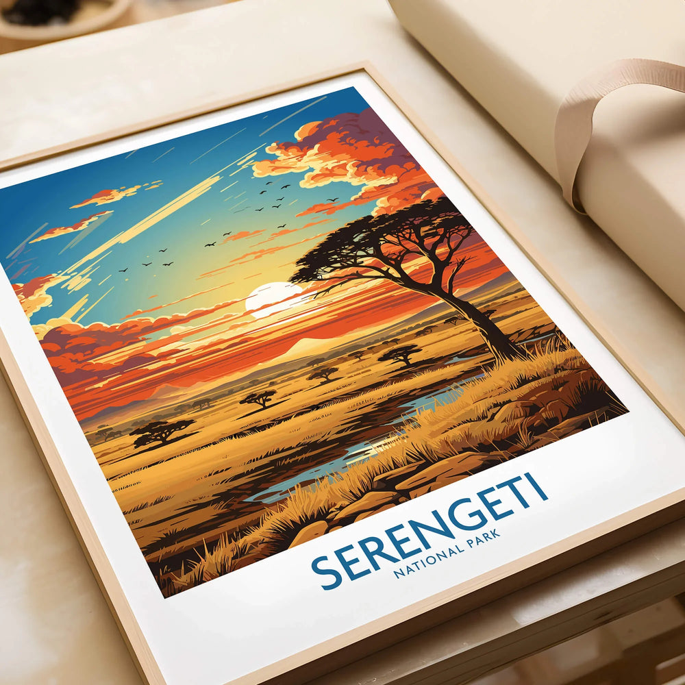 Serengeti National Park framed art print showing a vivid savanna sunset with acacia trees.