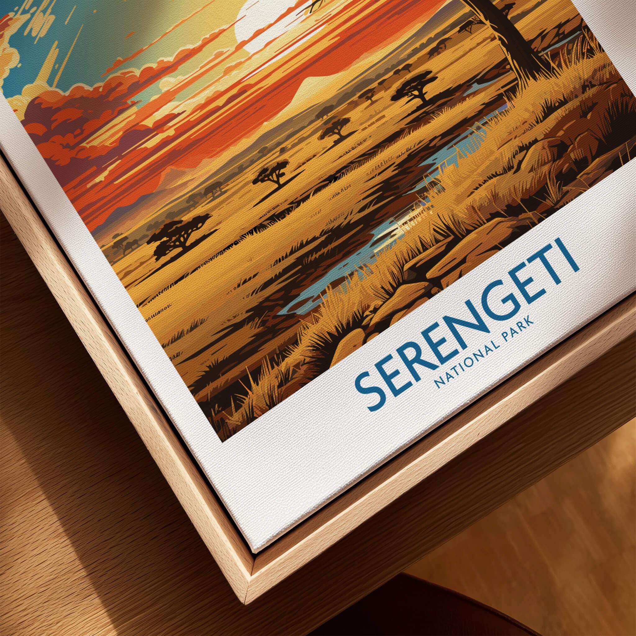 Framed Serengeti National Park travel art print with sunset landscape and acacia trees