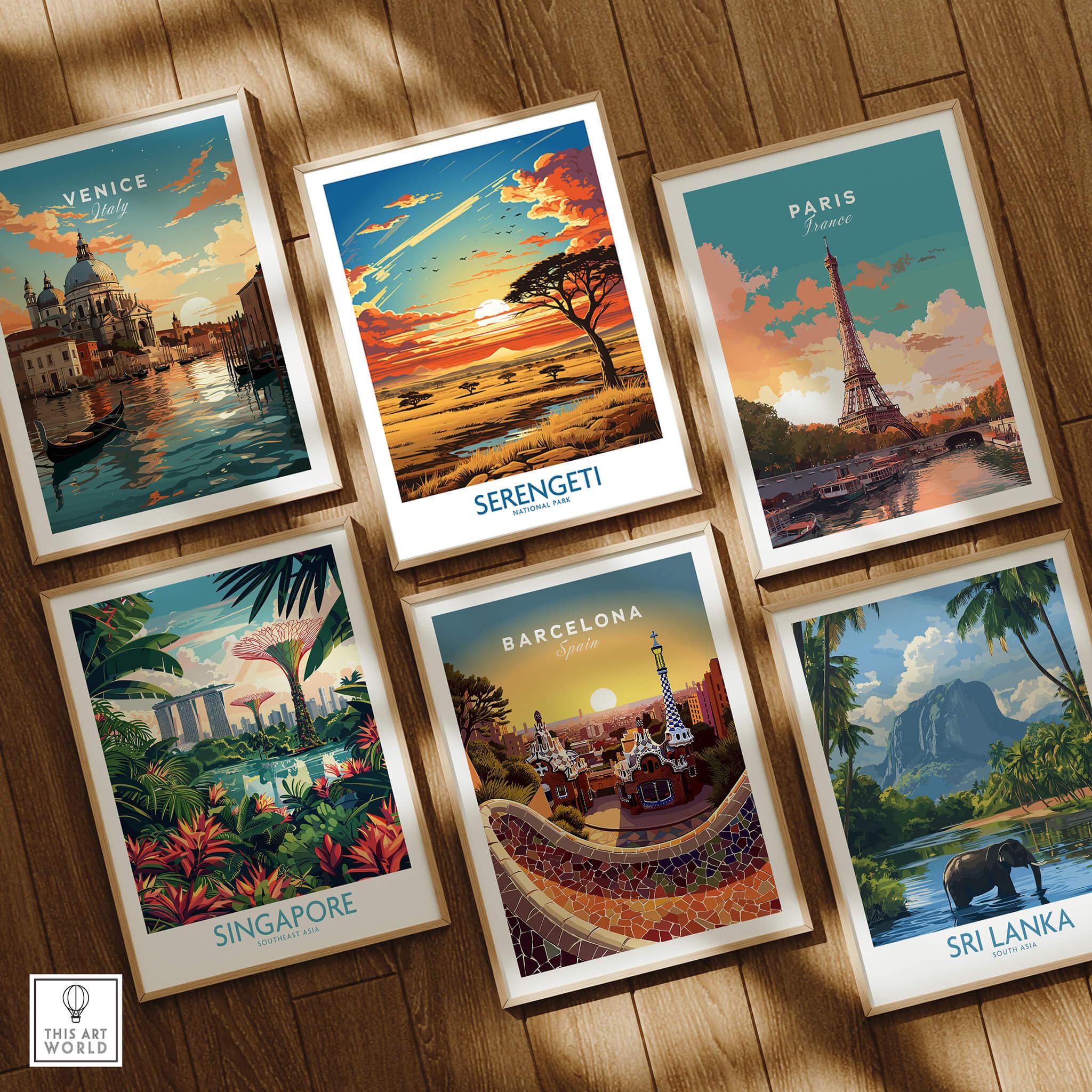 Set of six framed travel posters featuring Venice, Serengeti, Paris, Singapore, Barcelona, Sri Lanka on wooden floor