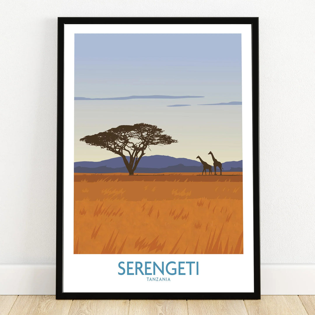 Serengeti Tanzania travel poster with giraffes, acacia tree, and golden savanna landscape
