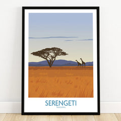 Serengeti Tanzania travel poster with giraffes, acacia tree, and golden savanna landscape