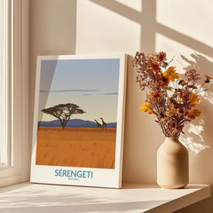 Serengeti Tanzania travel poster with giraffes and acacia tree, perfect wall art for home decor