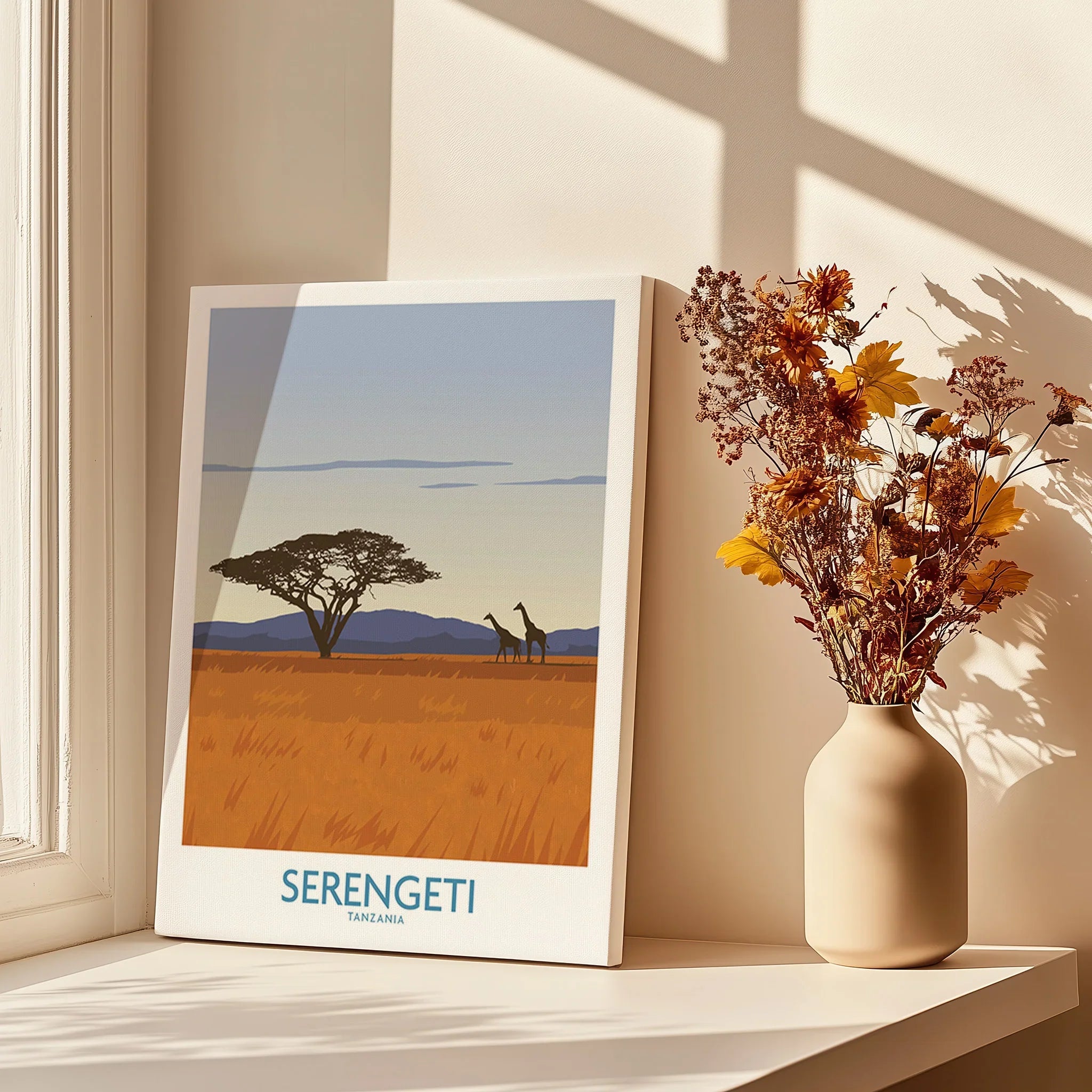 Serengeti Tanzania travel poster with giraffes and acacia tree, perfect wall art for home decor