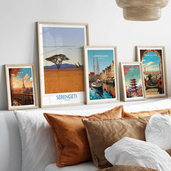 Framed travel posters of Paris, Serengeti, Copenhagen, Tokyo, and Barcelona for home wall art decor