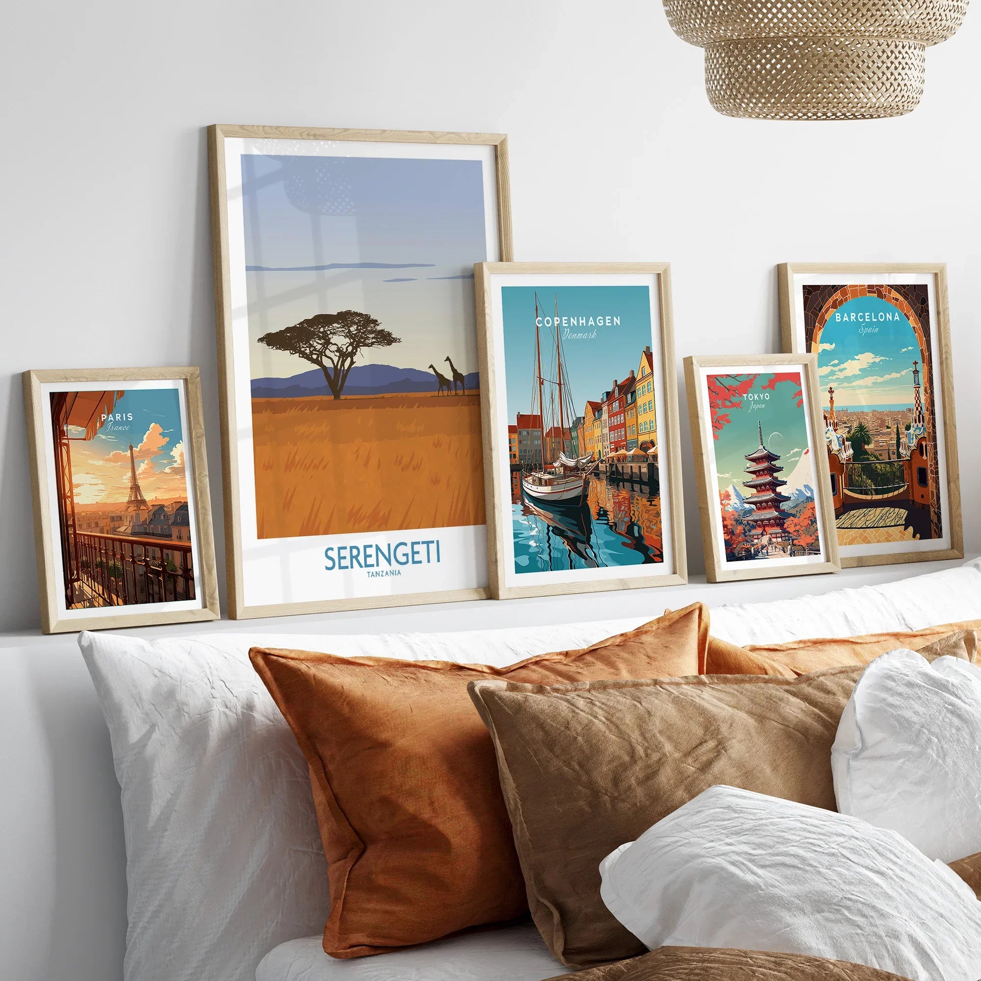 Framed travel posters of Paris, Serengeti, Copenhagen, Tokyo, and Barcelona for home wall art decor