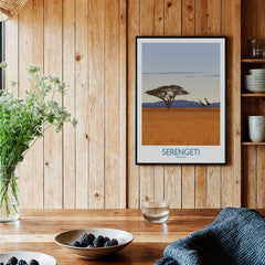 Serengeti Tanzania travel poster with giraffes and acacia tree, perfect for home decor