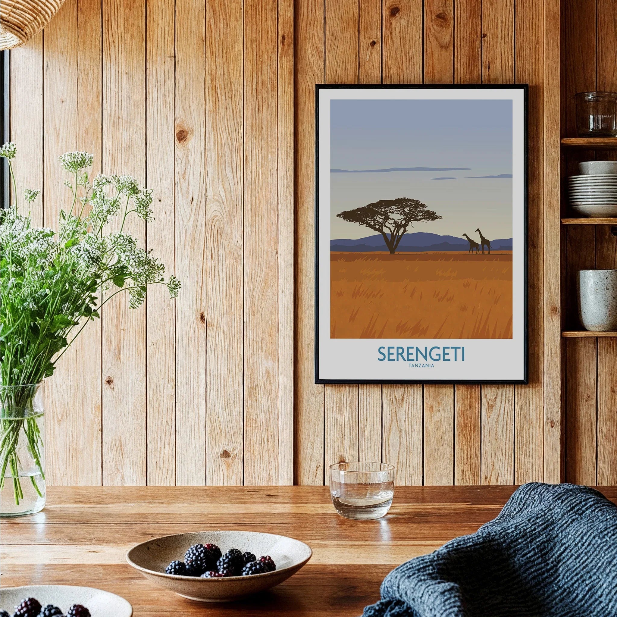 Serengeti Tanzania travel poster with giraffes and acacia tree, perfect for home decor