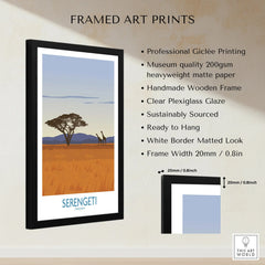 Serengeti Tanzania travel poster with giraffes, acacia tree, and golden savanna in black frame