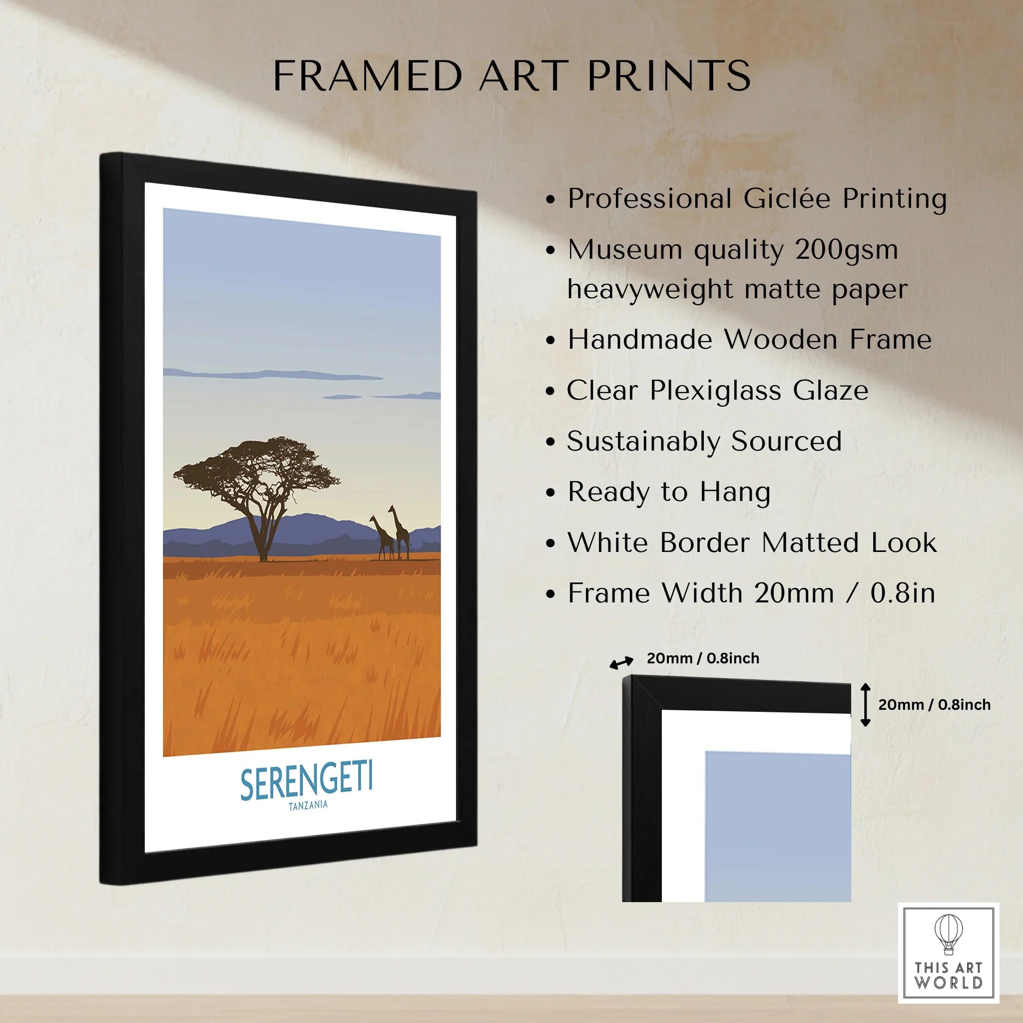 Serengeti Tanzania travel poster with giraffes, acacia tree, and golden savanna in black frame