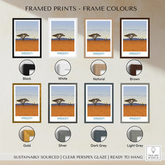 Serengeti Tanzania travel poster in eight frame colors: black, white, natural, brown, gold, silver, dark grey, light grey.