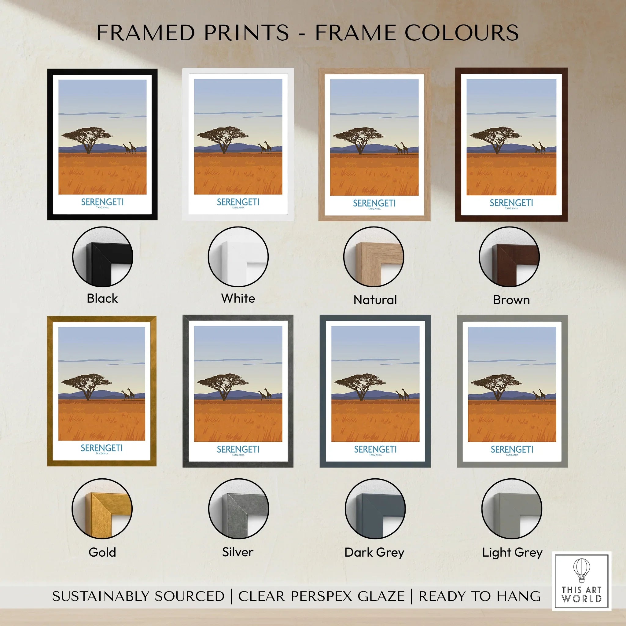 Serengeti Tanzania travel poster in eight frame colors: black, white, natural, brown, gold, silver, dark grey, light grey.