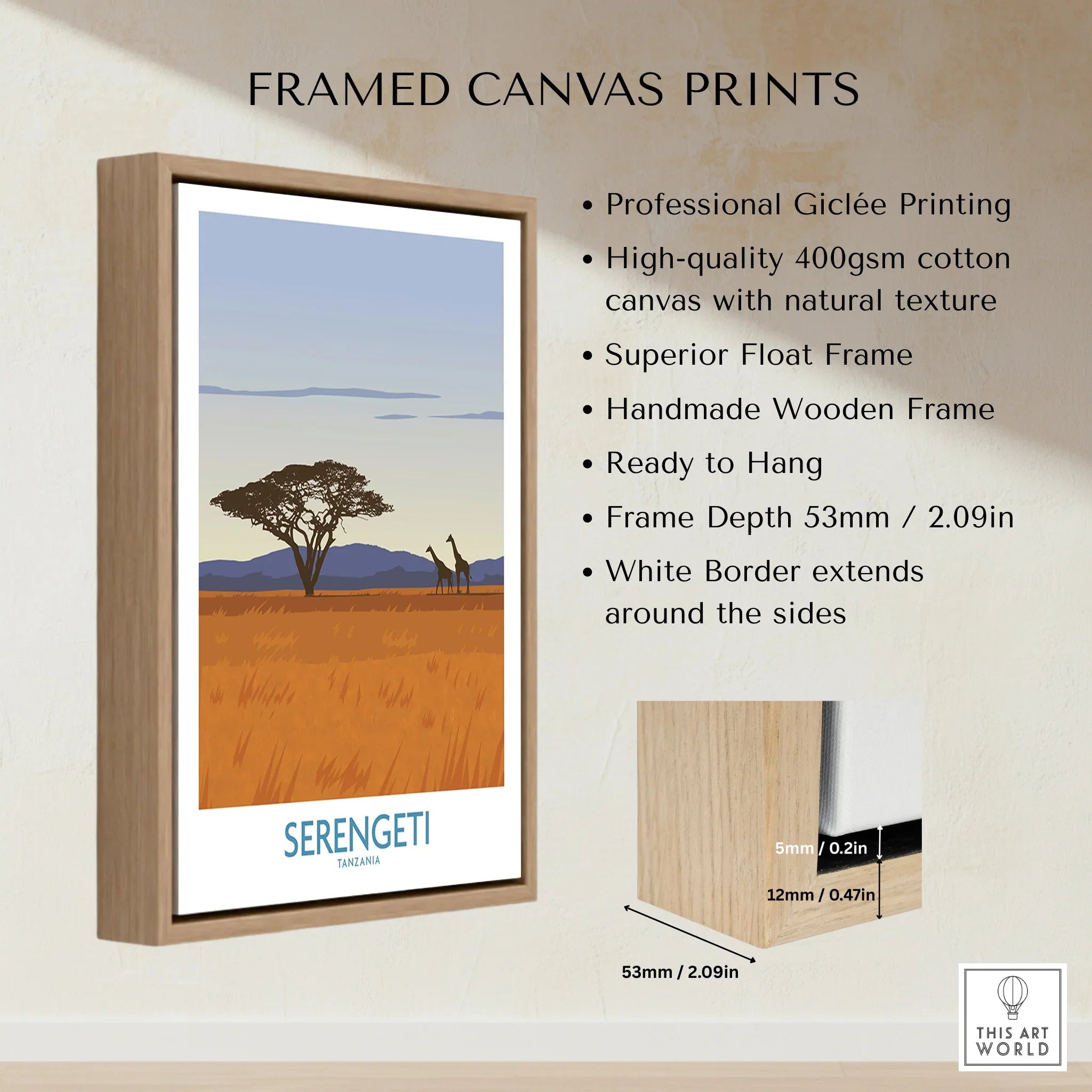 Serengeti Tanzania travel poster print in wooden float frame, featuring giraffes and acacia tree for wall art decor