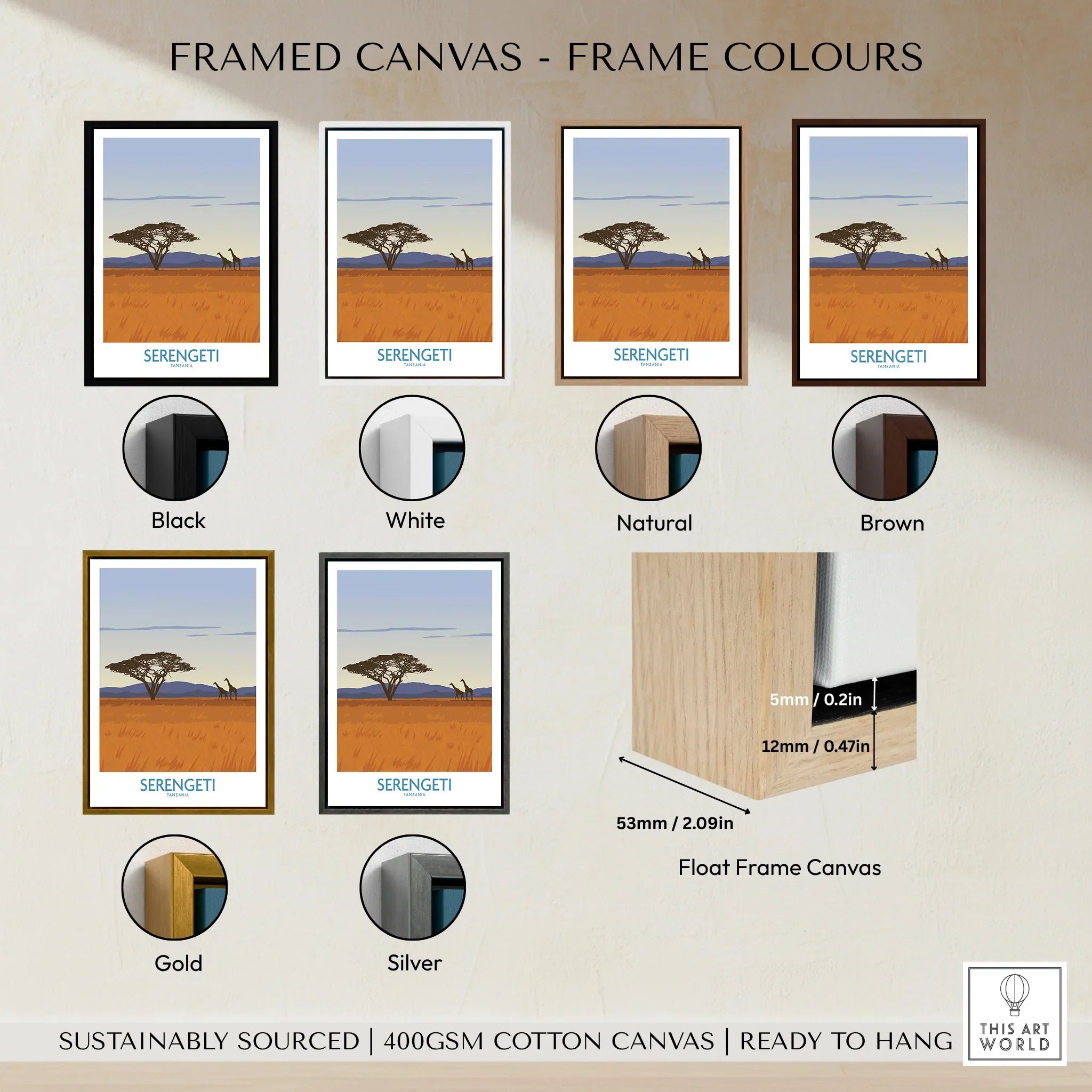 Serengeti Tanzania travel poster in various frame colors, sustainably sourced canvas, ready to hang