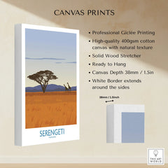 Serengeti Tanzania travel poster canvas print with giraffes, acacia tree, and savanna landscape, ready to hang wall art