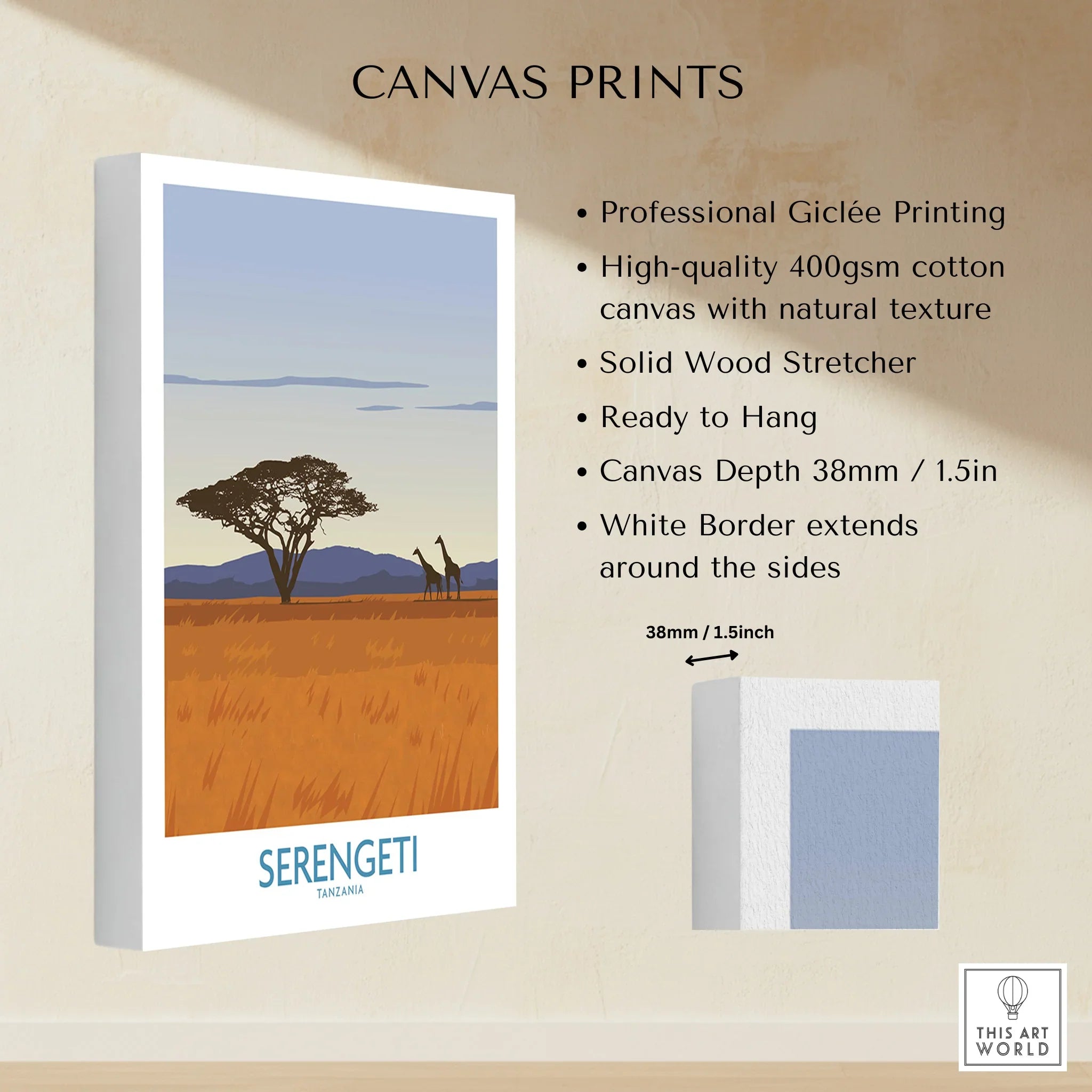 Serengeti Tanzania travel poster canvas print with giraffes, acacia tree, and savanna landscape, ready to hang wall art