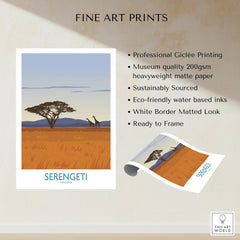 Serengeti Tanzania travel poster with giraffes and acacia tree, fine art print for home decor