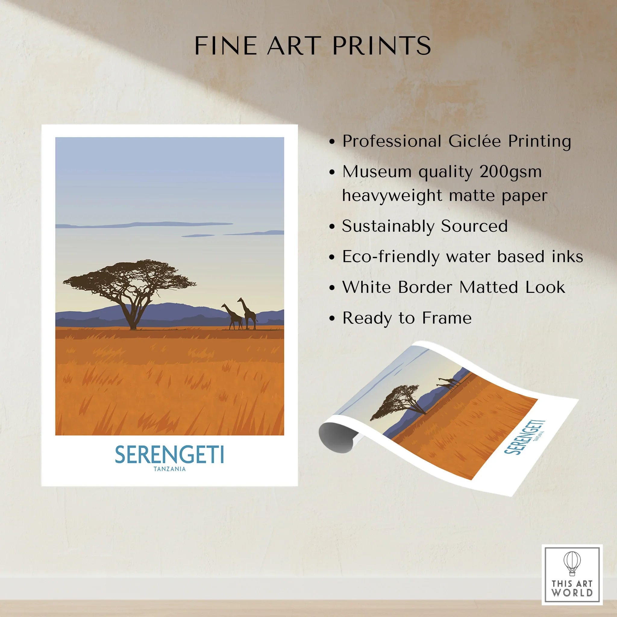 Serengeti Tanzania travel poster with giraffes and acacia tree, fine art print for home decor