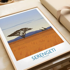 Serengeti Tanzania travel poster with giraffes and acacia tree, ideal wall art for home decor