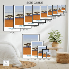 Serengeti Tanzania travel poster in various sizes for home decor, featuring acacia trees and savanna landscape.