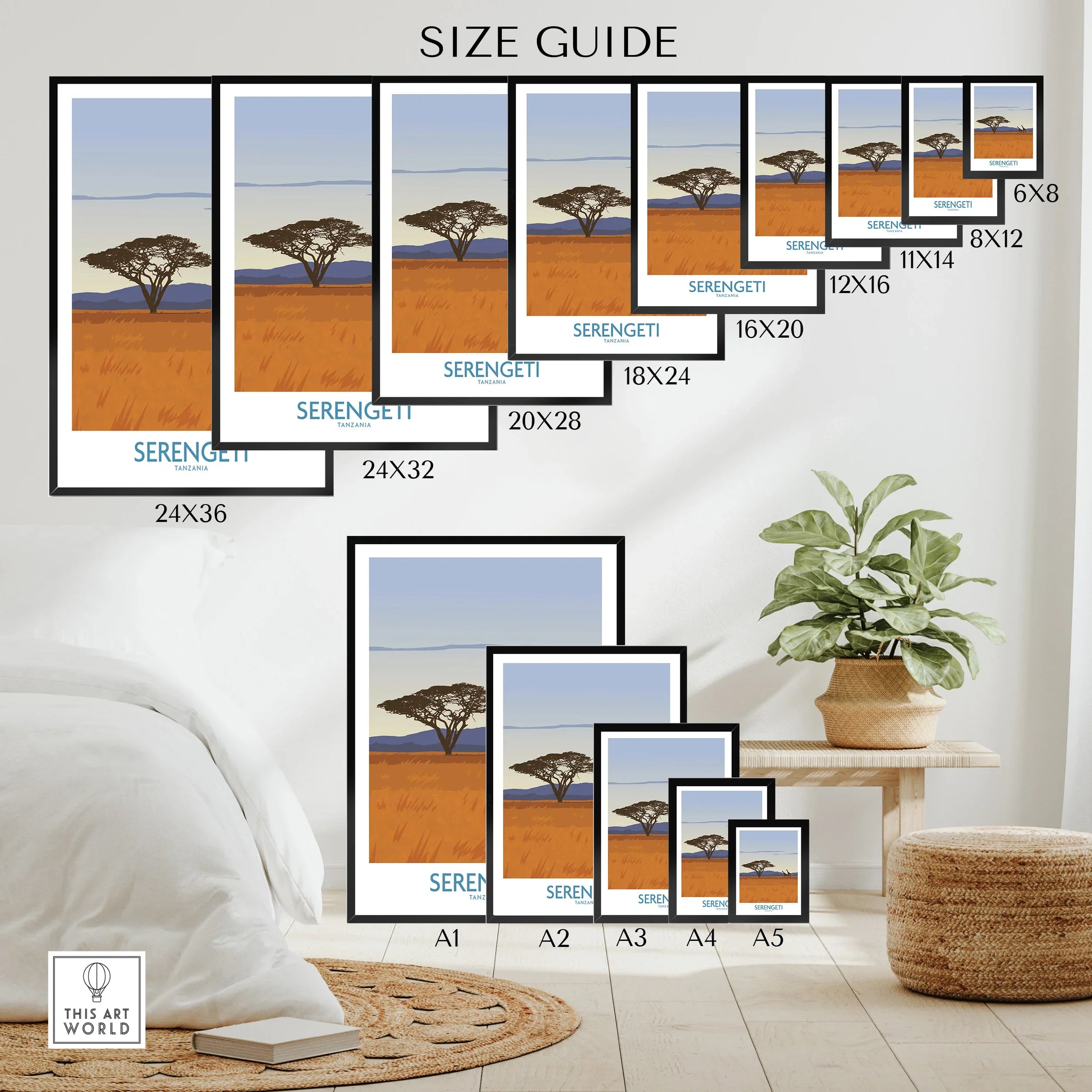 Serengeti Tanzania travel poster in various sizes for home decor, featuring acacia trees and savanna landscape.
