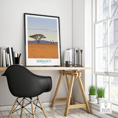 Serengeti Tanzania travel poster with giraffes and acacia tree, modern home office wall art decor
