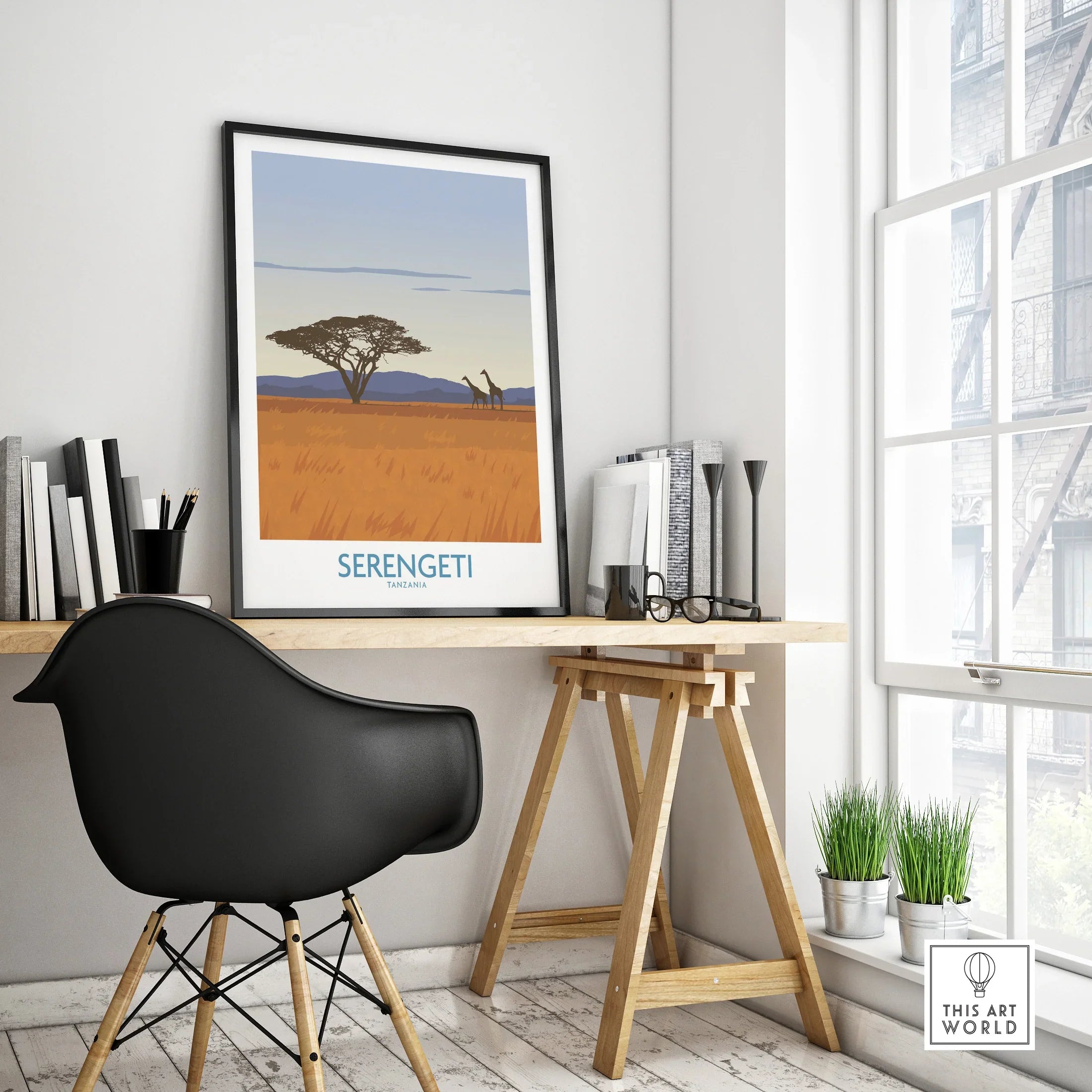 Serengeti Tanzania travel poster with giraffes and acacia tree, modern home office wall art decor