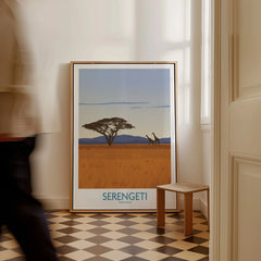 Serengeti Tanzania travel poster with giraffes and acacia tree, framed wall art for home decor