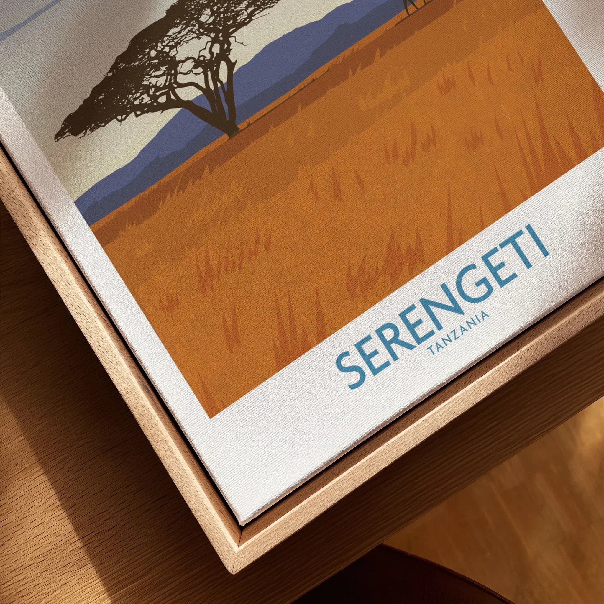 Serengeti Tanzania travel poster art with acacia tree, golden savanna, and mountain backdrop on canvas wall decor