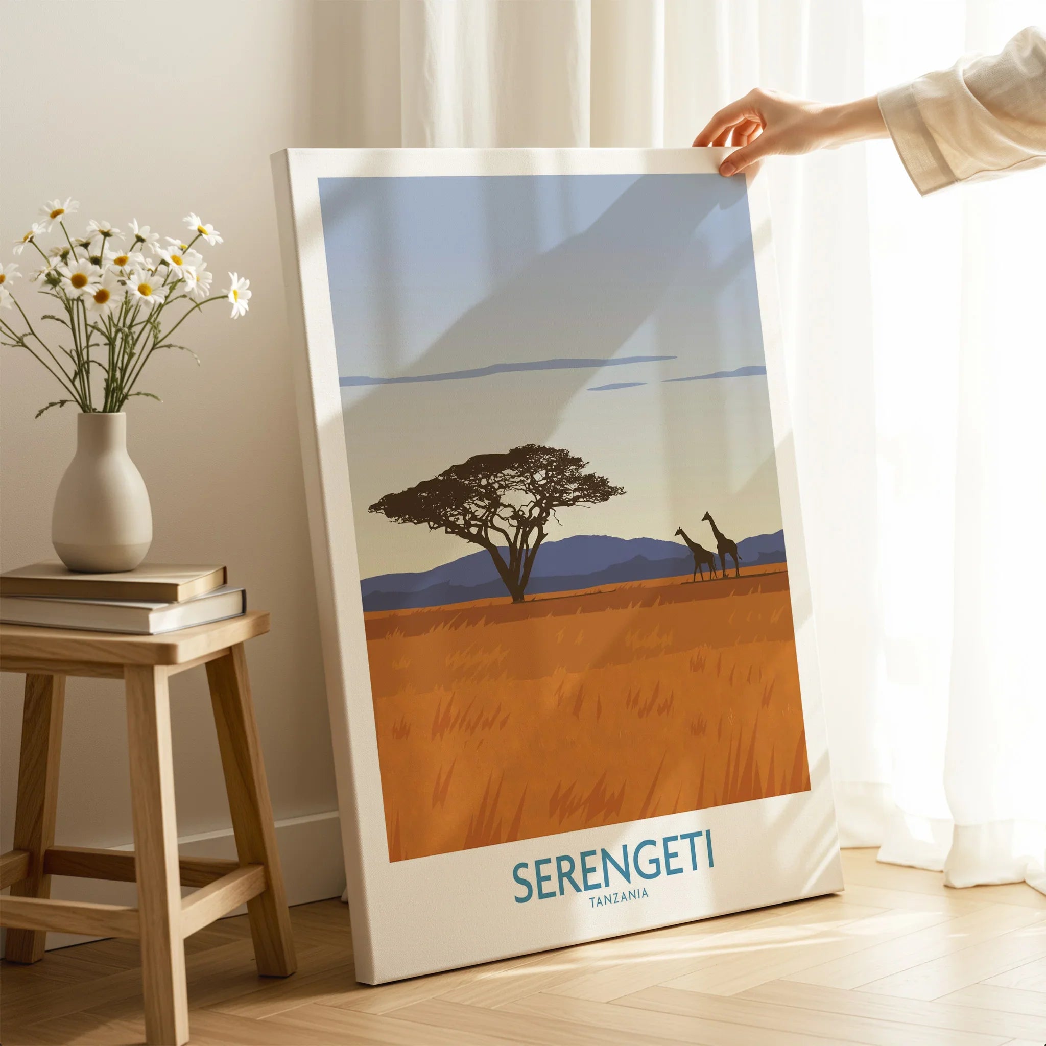 Serengeti Tanzania travel poster with giraffes and acacia tree, ideal wall art for home decor