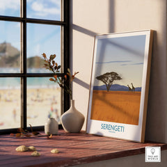 Serengeti Tanzania travel poster with giraffes and acacia tree, perfect for wall art and home decor