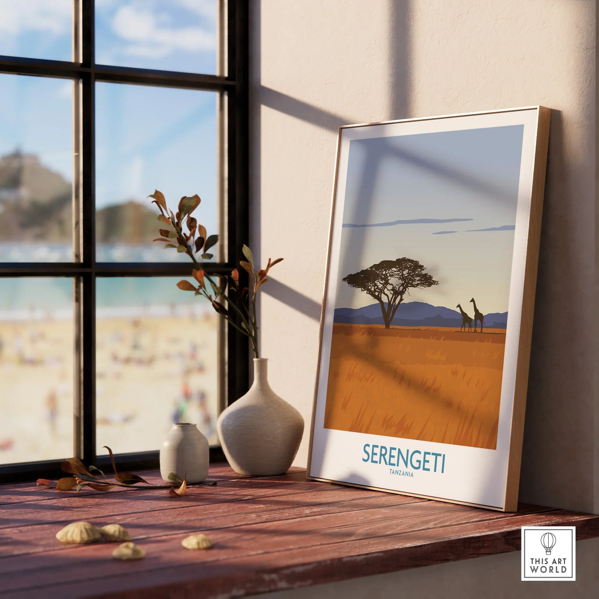 Serengeti Tanzania travel poster with giraffes and acacia tree, perfect for wall art and home decor