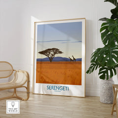 Serengeti Tanzania travel poster with giraffes and acacia tree, ideal wall art for home decor