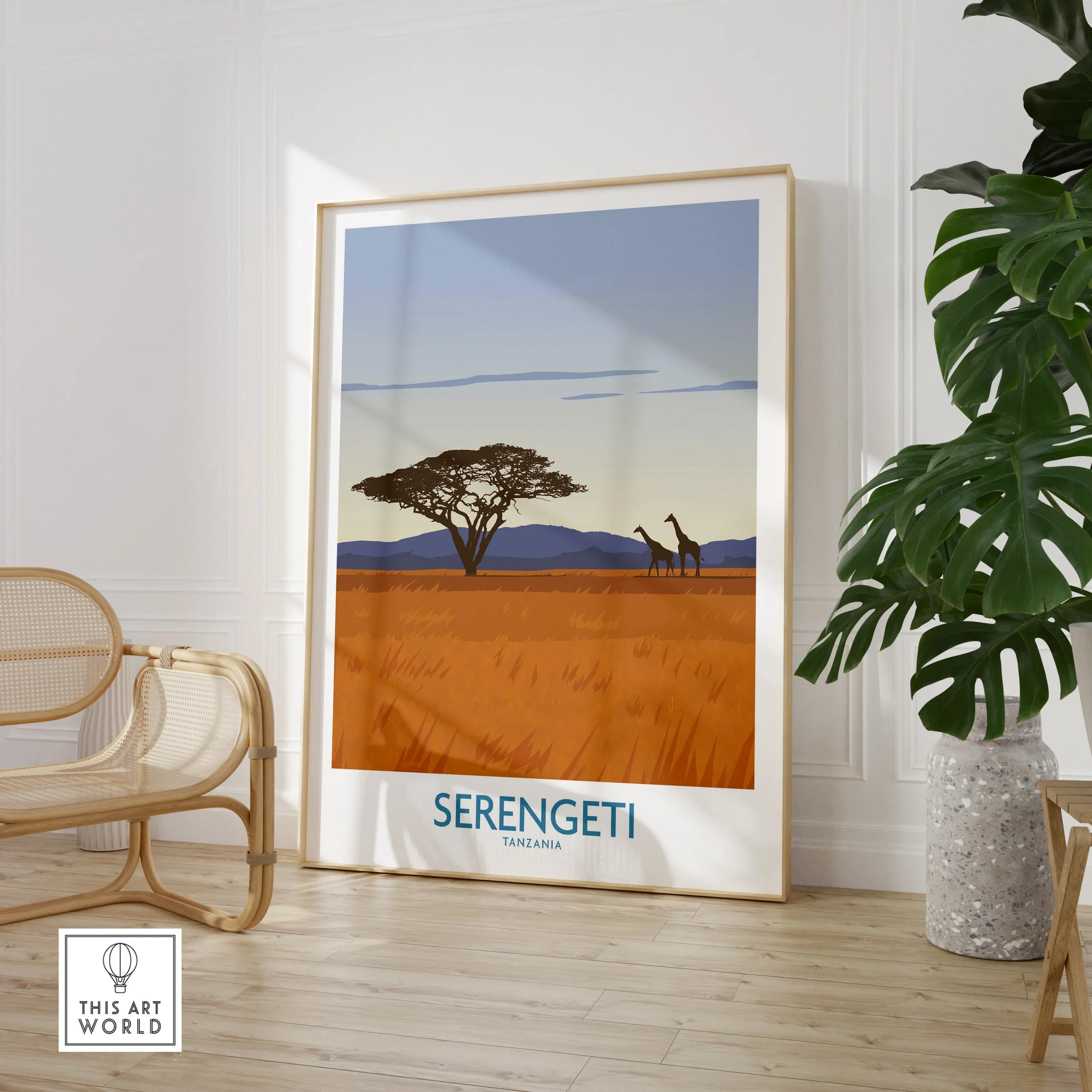 Serengeti Tanzania travel poster with giraffes and acacia tree, ideal wall art for home decor