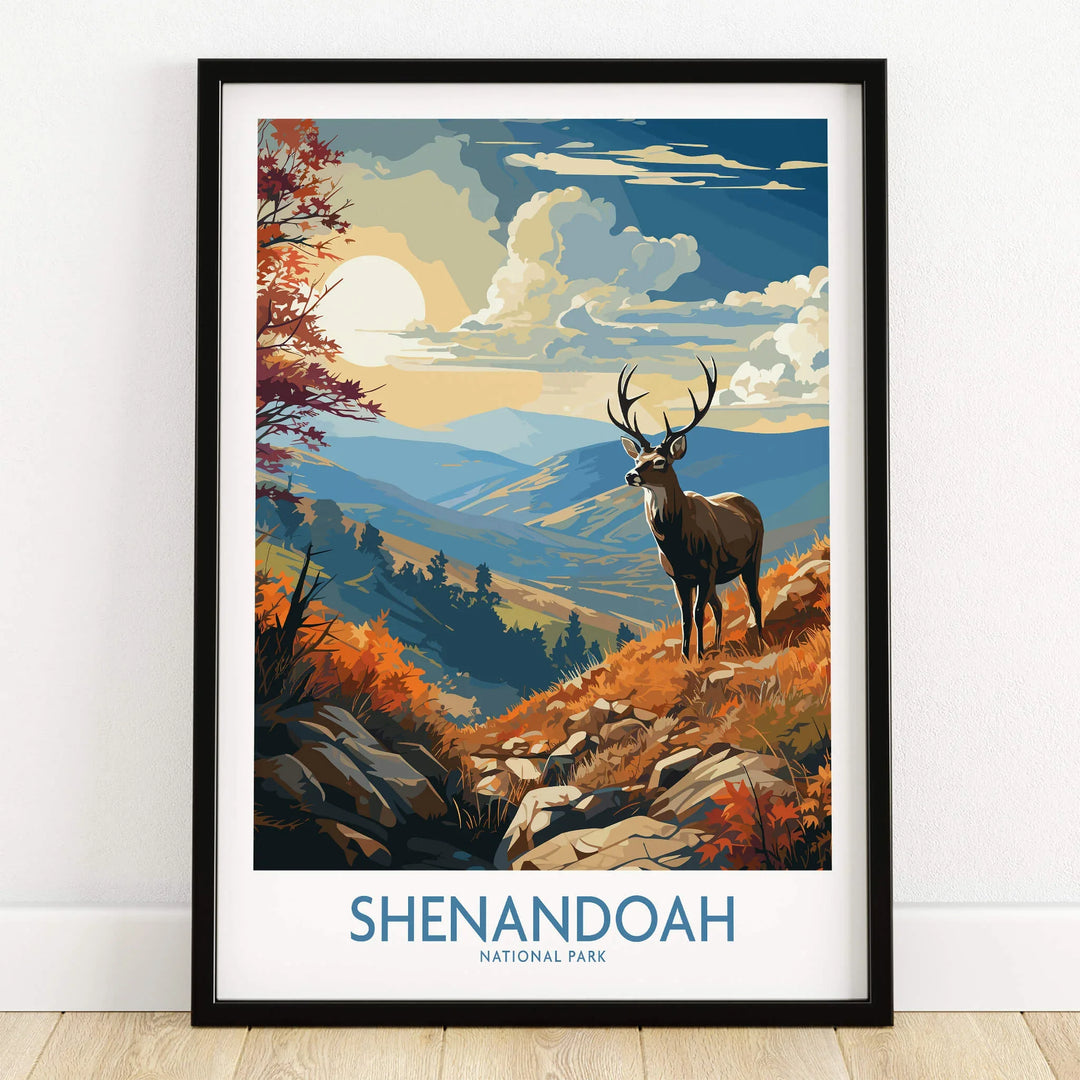 Shenandoah National Park art print with deer, scenic mountains, and autumn landscape in black frame