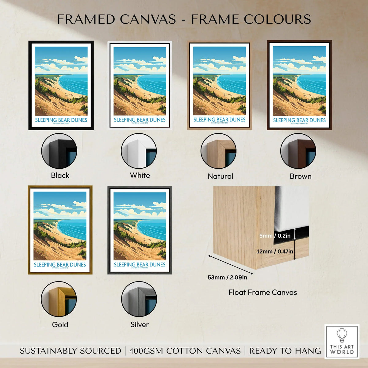 Sleeping Bear Dunes framed travel poster in six frame color options, canvas wall art display