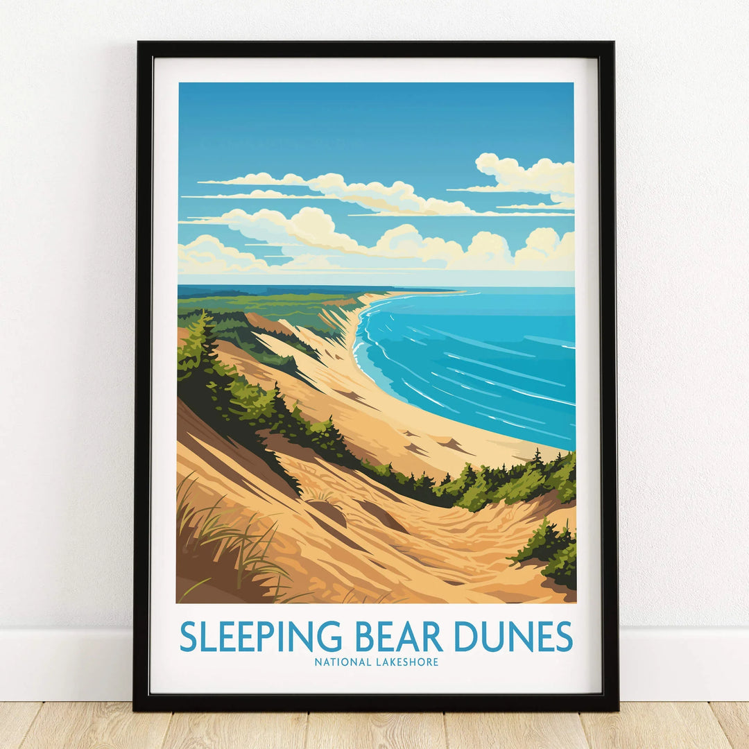 Sleeping Bear Dunes National Lakeshore art print with dunes, forest, and lake in black frame