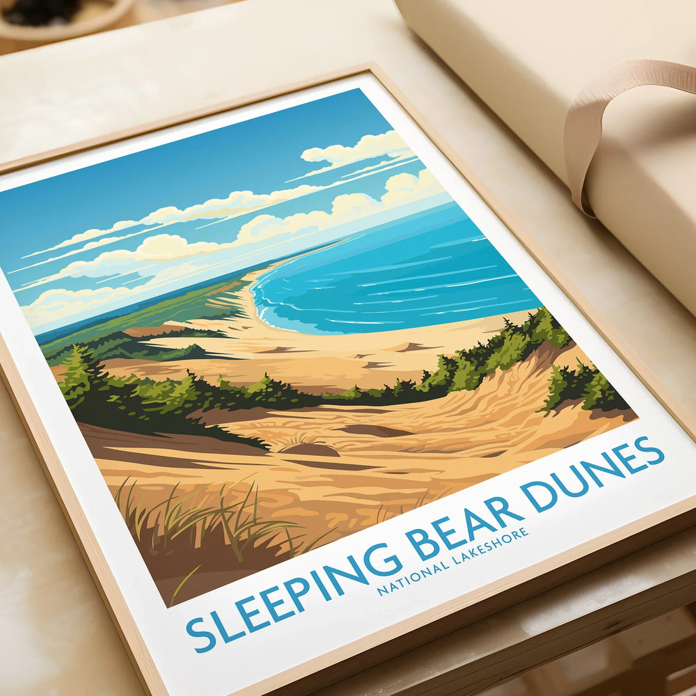 Framed art print of Sleeping Bear Dunes National Lakeshore with sand dunes, trees, and lake view.