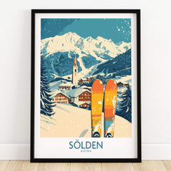 Sölden Ski Poster Austria showcasing a beautiful winter landscape with ski equipment and mountains.