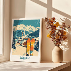 Sölden Ski Poster Austria displayed in a bright room with flowers and mountains, capturing the essence of skiing in Sölden.