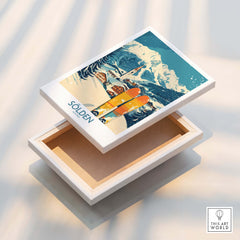 Sölden Ski Poster Austria featuring vibrant ski imagery and mountain scenery showcased on a decorative box.