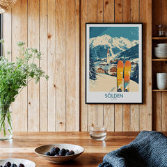 Sölden Ski Poster Austria displayed in a cozy room with wooden walls and decor featuring a skiing scene.