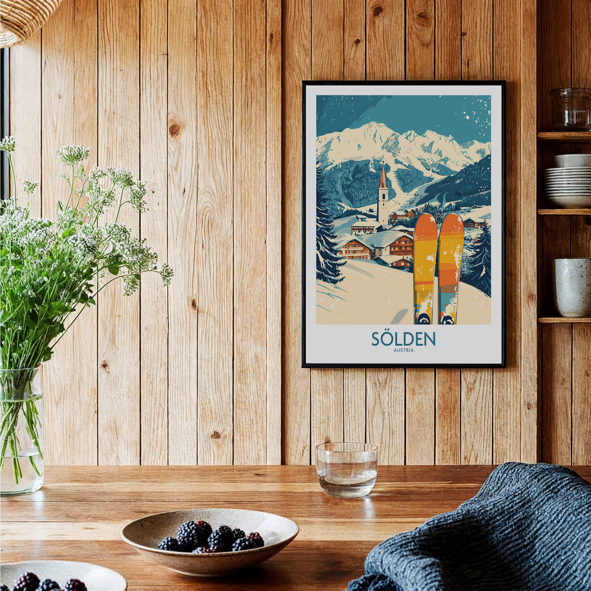 Sölden Ski Poster Austria displayed in a cozy room with wooden walls and decor featuring a skiing scene.