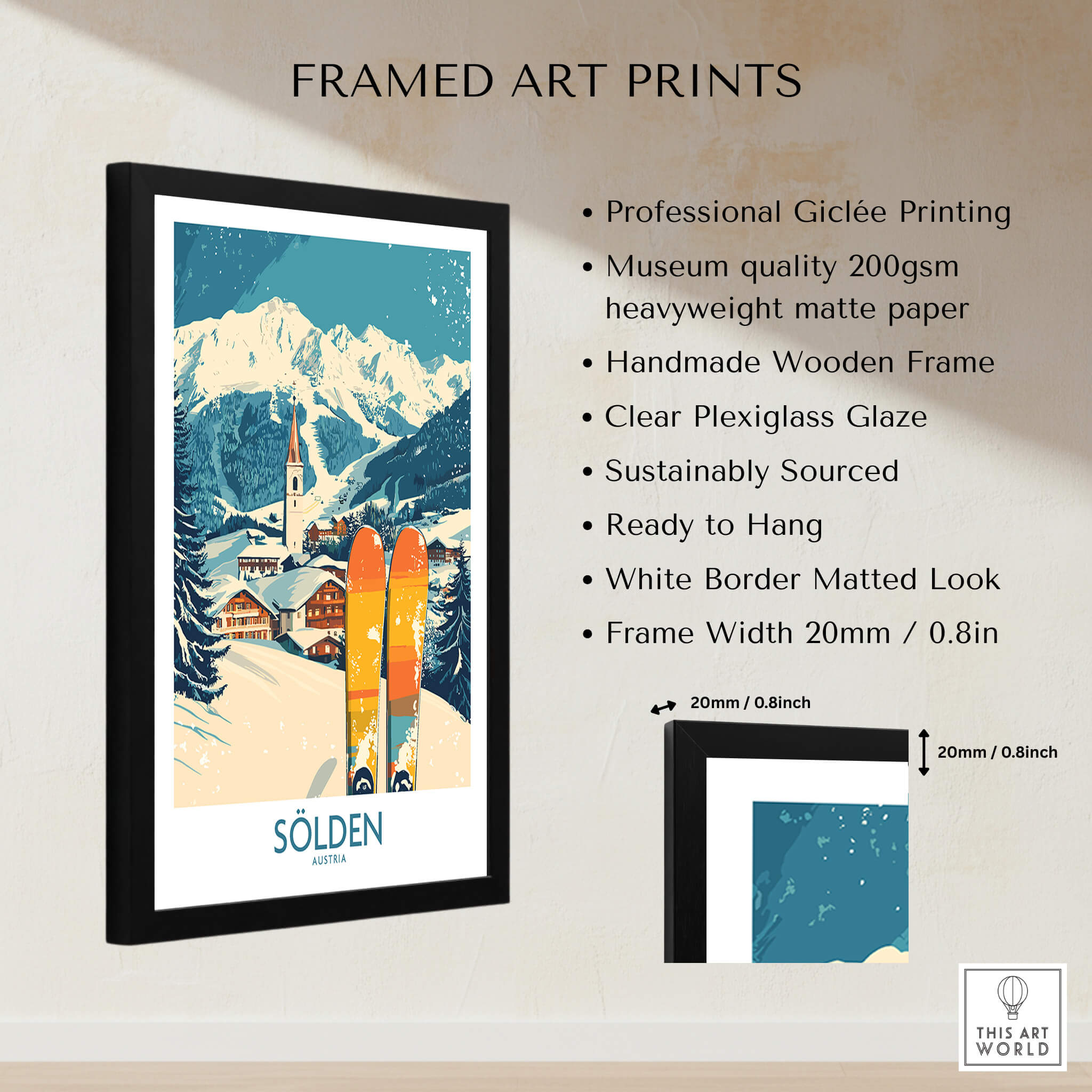 Sölden Ski Poster Austria framed print featuring a snowy mountain landscape and ski equipment.
